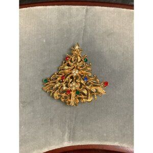 Corel Christmas Brooch Goldstone Red, Green, Blue, Clear Crystals